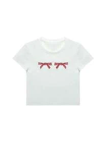 蝴蝶刺繡圓領短袖休閒T恤 - 白色 - 查看 9