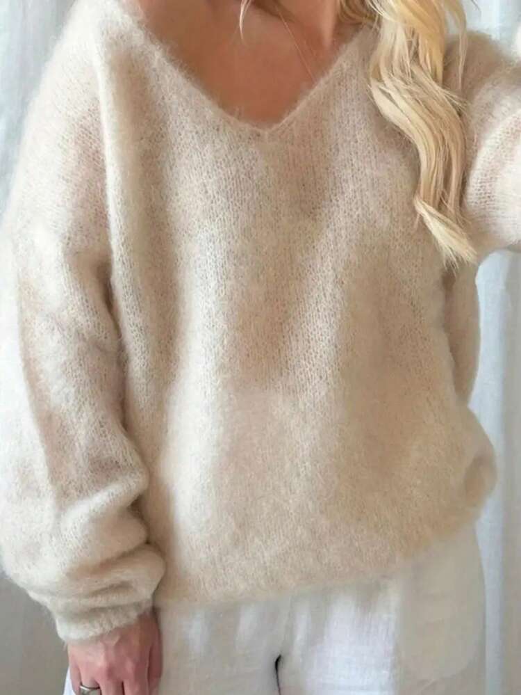 Jersey de mujer de cuello en V de mohair - Suéter de manga larga con drapeado, adecuado para vacaciones de otoño y uso en fiestas | Diseño ligero de lujo vintage - Albaricoque - Añade 3