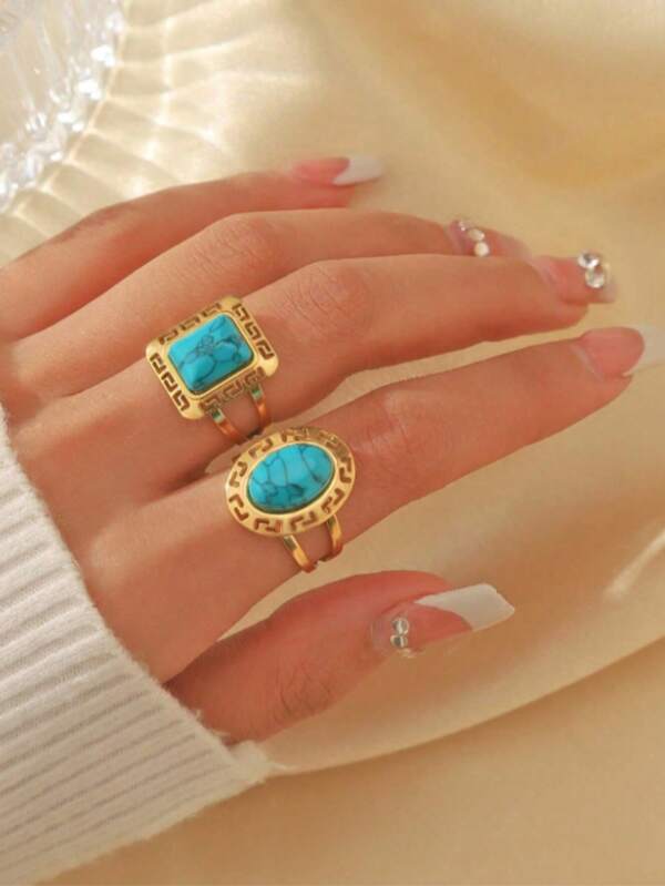 1pc Women's Fashion Vacation Party Versatile Vintage Inlaid Turquoise Geometric Square Ring, Oval Shape, Gift For Friends, Classmates, Mother