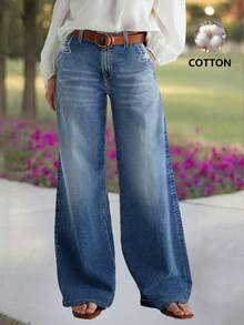 时尚跨境女式休闲通勤高腰弹力几何刺绣设计直筒牛仔裤，百搭 - 深色水洗藍 - 查看 1