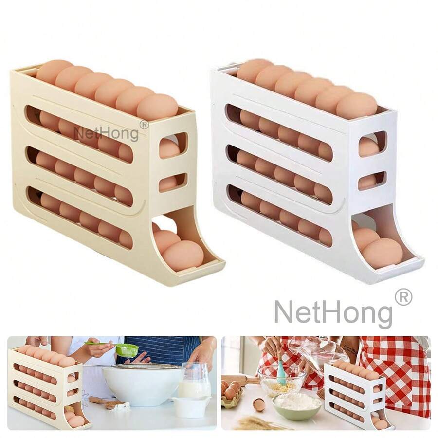 NetHong New 4 Layers Egg Storage Shelf Refrigerator Freshable Eggs Storage Container Automatic Rolling Egg Rack Dispenser Kitchen Desktop Holder UK - White - View 1