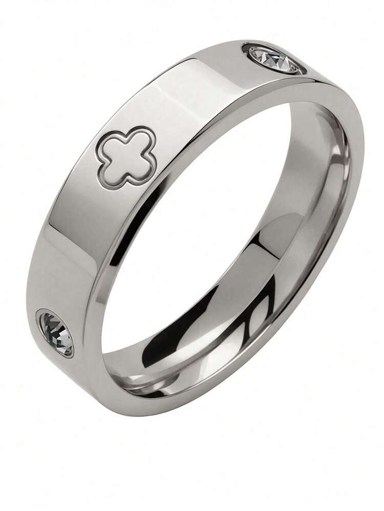 2 件不锈钢单排和双排简约方晶锆石金色可叠戴戒指，适合女士日常佩戴 - 四葉草銀色 - 查看 3