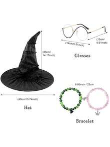 儿童女巫黑色荷叶边连衣裙斗篷尖顶帽眼镜手镯套装儿童花式万圣节狂欢角色扮演女巫服装女童生日派对装扮礼物 - 黑色 - 查看 11