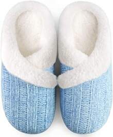Women's Fuzzy Slip-On Slippers Indoor And Outdoor Use, Comfy Foam, Anti-Skid Rubber Hard Sole - Blue - View 12