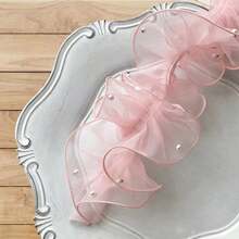 1 卷/2 米 12 厘米密褶串珠薄纱蕾丝丝带、花卉工艺包装缎带、闪亮珍珠波浪欧根纱丝带 - 粉色 - 查看 2