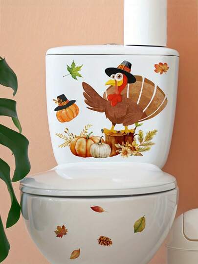 1pc Halloween Adorable Turkey & Pumpkin Maple Leaf -PVC Self-Adhesive Waterproof Removable Bathroom Decal , Suitable For Toilet Lid Sticker, Window Sticker,Bedrooms, Home Decoration, Festive Decoration, Etc