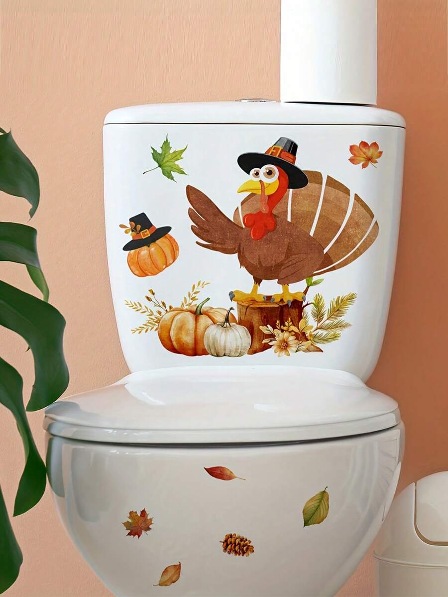 1pc Halloween Adorable Turkey & Pumpkin Maple Leaf -PVC Self-Adhesive Waterproof Removable Bathroom Decal , Suitable For Toilet Lid Sticker, Window Sticker,Bedrooms, Home Decoration, Festive Decoration, Etc