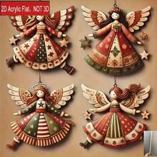 4-Piece Handmade Vintage Wooden Angel Christmas Ornaments With Star, Snowflake And Floral Patterns - Multi-Color Holiday Decorations For Christmas Trees, Home And Office, No Electricity Required, Christmas Tree Decorations, Natural Wood Craft