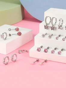 6/7/8 Pairs Girls Earrings Set, Cute Pink Heart, Butterfly, Flower Screw Back Stud Earrings, Hypoallergenic Stainless Steel Earrings, Sleeping Earrings