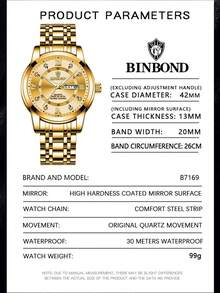 BINBOND Luxury Watch For Man Elegant Date Week Waterproof Luminous Men Watch Quartz Stainless Steel Sports Men's Watches - Vàng - Xem 4