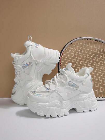 White Casual Platform Sneakers, Versatile Women Wedge Heel Thick Sole Shoes