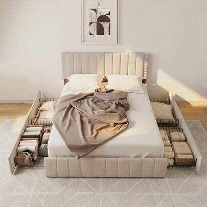 Marcos de cama con 4 cajones de almacenamiento con ruedas y cabecera ajustable. Se adapta a colchones de 15 a 30 cm. No necesita somier