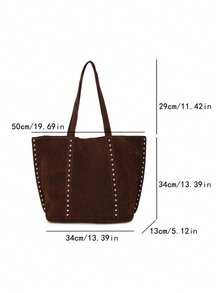 1 Túi đeo vai thời trang dành cho nữ, Túi tote đa năng dung tích lớn dành cho nữ, Trang trí đinh tán, Màu trơn dùng hàng ngày, Thích hợp để mua sắm, đi làm, đi học - Cà phê - Xem 5