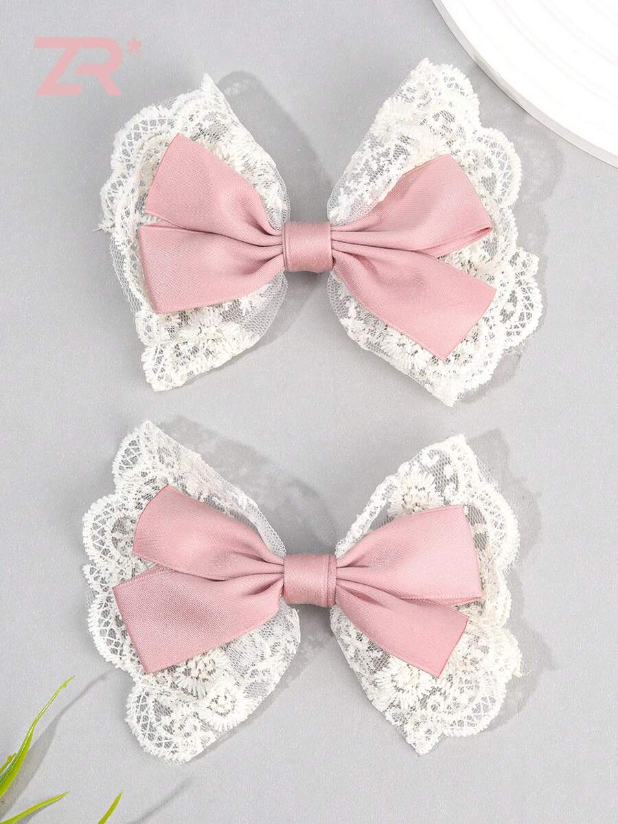 2 pièces Pinces à cheveux avec nœud en dentelle, pinces à cheveux avec nœud décontractées et douces, à porter au quotidien, accessoires pour cheveux de filles, pinces à griffes, accessoires pour la tête - Multicolore - Voir 1