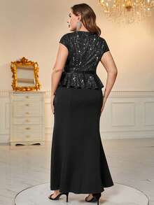 Plus Sequin  Contrast Split Thigh Mermaid Hem Formal Party Dress For Wedding Guest, Birthday, Graduation, Homecoming - 黑色 - 查看 2