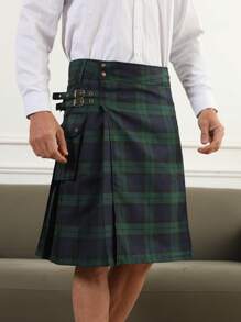 Imported Fashion Scottish Festival Plaid Green Pleated Kilt For Men - Army Green - View 1