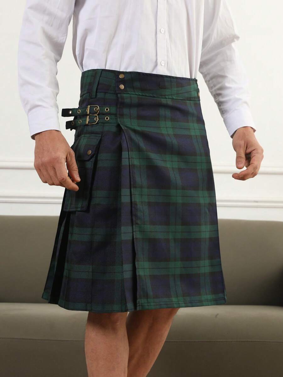 Imported Fashion Scottish Festival Plaid Green Pleated Kilt For Men - Army Green - View 1