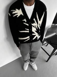 1pc Men's Niche Design Black & White Lightning Jacquard Knit Cardigan, Loose Fit Gothic V-Neck Sweater Jacket For Commute & Casual Wear, Autumn/Winter