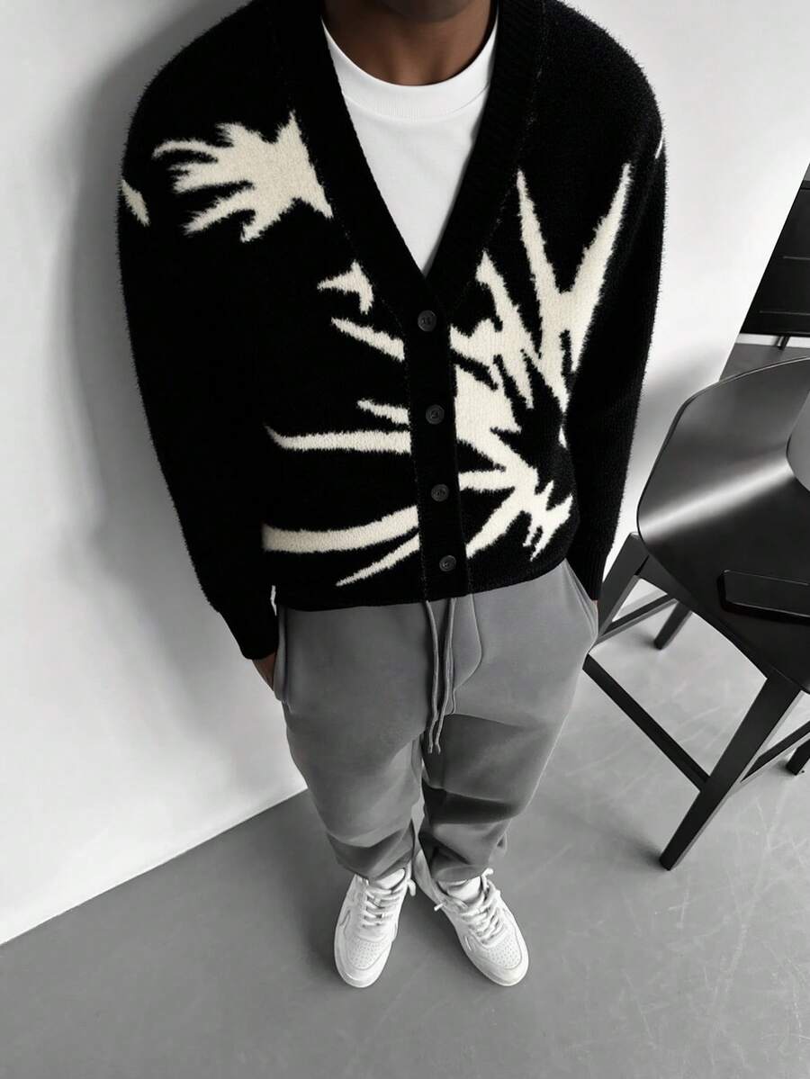 1pc Men's Niche Design Black & White Lightning Jacquard Knit Cardigan, Loose Fit Gothic V-Neck Sweater Jacket For Commute & Casual Wear, Autumn/Winter