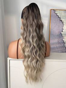 爪形马尾辫接发，渐变色银黑棕 24 英寸长水波纹发丝，耐热纤维合成马尾辫，适合女士和女孩在派对上日常使用 - 漸層棕色 - 查看 5