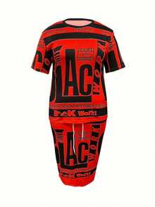 Plus Size Fashion Women's Letter Print Short Sleeve Top Drawstring Skirt Set - 紅色 - 查看 2