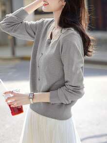 Women's V-Neck Long Sleeve Lace Trim Slim Fit Pullover Sweater