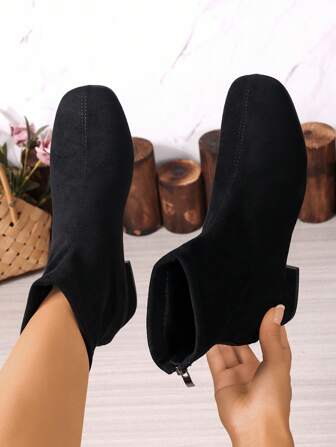 Fall/Winter Women's Chunky Heel Round Toe Ankle Boots With Back Zipper, Faux Suede Material, Elegant Stretch Black High Heel Short Booties