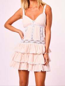 Women's Sweet Pink Lace-Trimmed Mini Dress - Delicate V-Neck Layered Ruffled Sundress With Adjustable Spaghetti Straps - Hồng - Xem 3