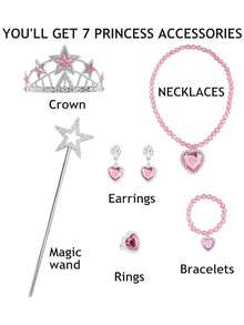 粉色女巫公主嘉年华服装，闪亮亮片薄纱连衣裙，配皇冠和魔杖配饰，万圣节派对服装 - 粉 - 查看 12