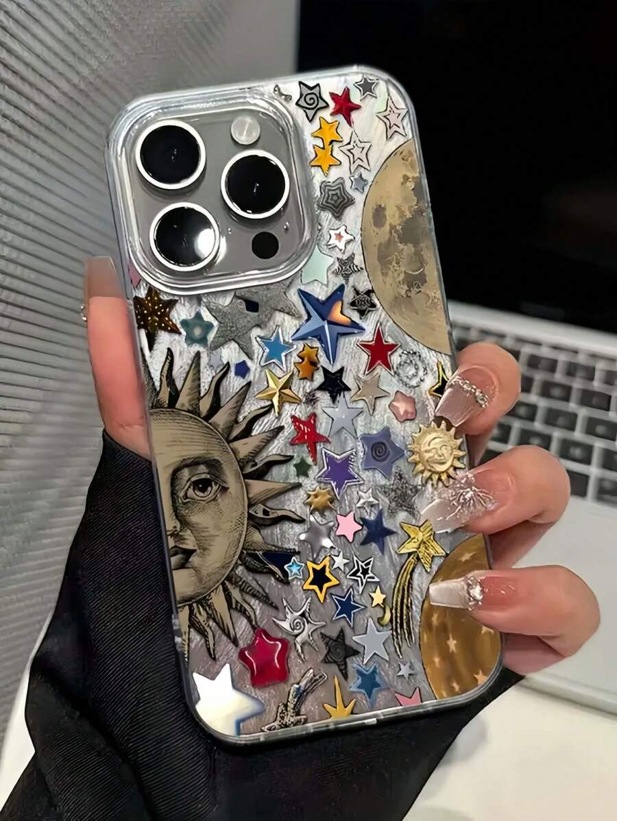 1 pieza Nuevo estuche de teléfono antideslizante con estampado de sol y estrella de plumas, compatible con Apple 16 Pro Max, 11/12/13/14 Plus, XR/7/8 Plus/15 Pro Max, estuche de teléfono minimalista y de alta gama