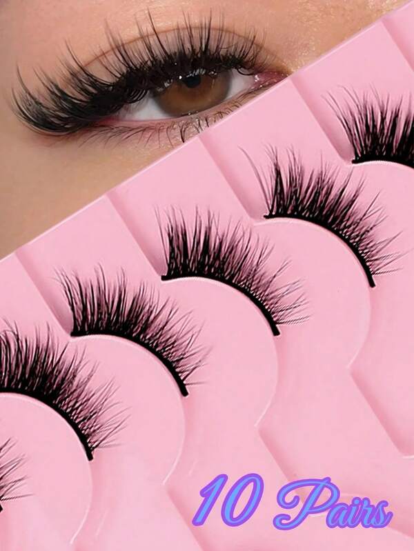 10 paires de faux-cils noirs à bande demi-lune, faux-cils courts doux 3D pour un regard de chat, faux-cils naturels doux pour le maquillage (BY01)