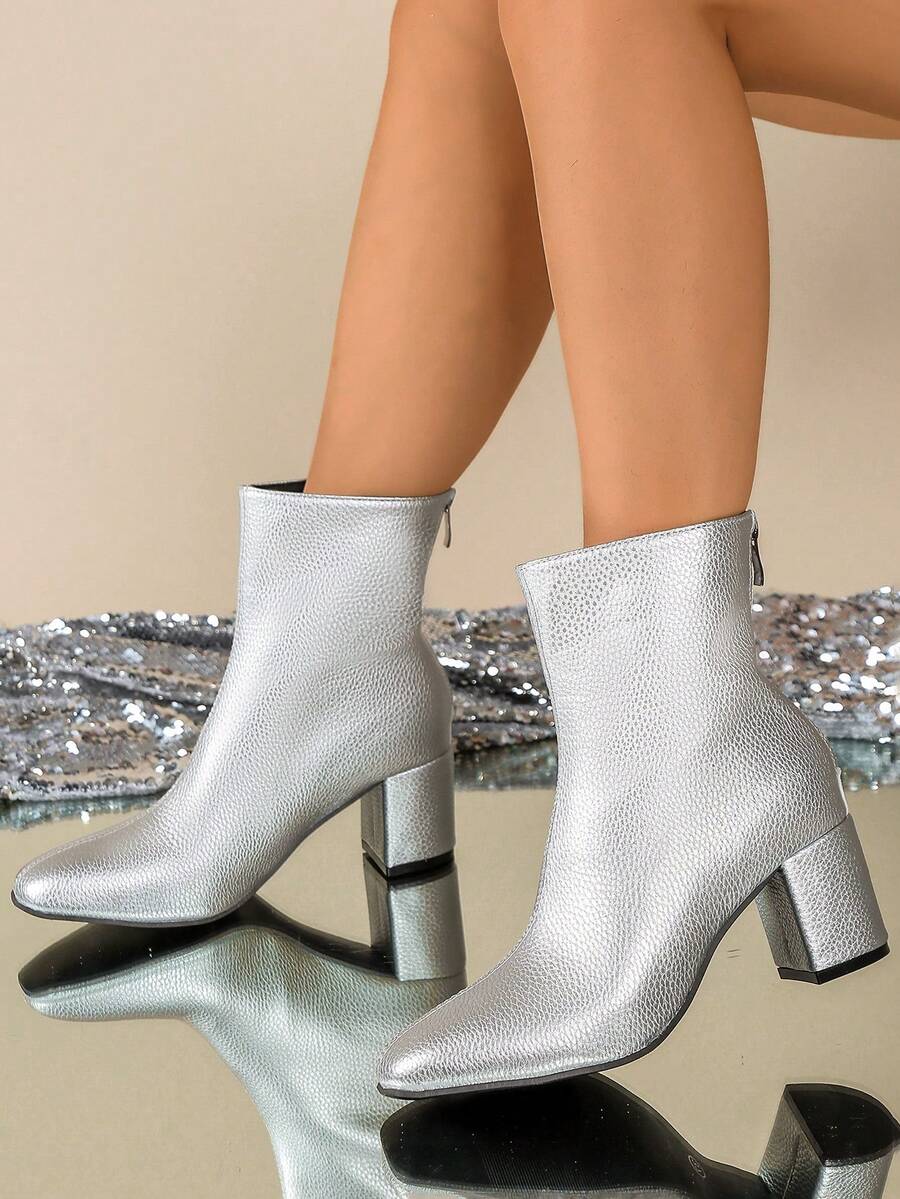 Women's Ankle Boots, Silver Leather With Inherent Luster, High-End Ankle Boots With Rear Zipper, Chunky Heel And Pointed Toe, Fashionable And Sturdy, Easy To Put On And Take Off, Versatile For Various Personal Styles, Suitable For Daily Wear, Commuting And Work - Silver - View 1