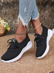 Women's Breathable Knit Slip- Shoes - Lightweight Low-Top Sneakers With Soft EVA/PVC Sole, All-Season Comfort For Walking, Jogging & Casual Wear - White, Ladies Sneakers, Round Toe Design, Cushioned Sole, Women - 黑色 - 查看 5