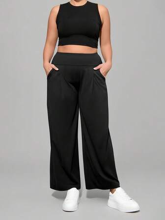 大码女式休闲柔软宽松瑜伽裤，户外运动长裤带侧袋，适合秋冬日常穿着