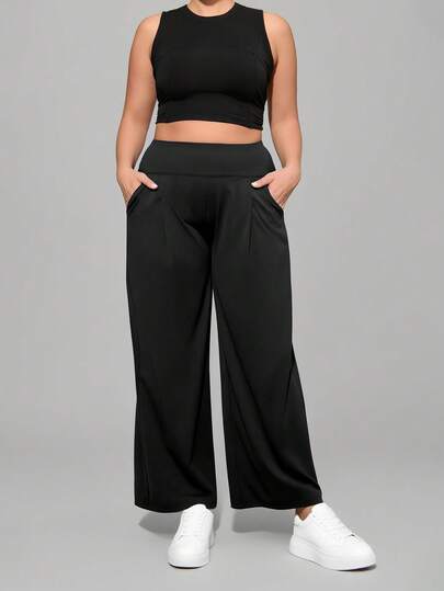 大码女式休闲柔软宽松瑜伽裤，户外运动长裤带侧袋，适合秋冬日常穿着