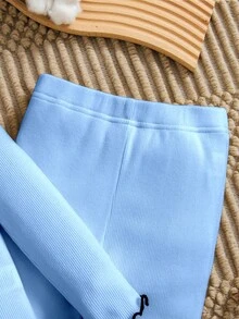 Girls Casual Elegant White Knitted Long Sleeve Top And Flared Pants Set. Refined And Minimalist White Design With Bow Accent, Flare Leg Silhouette, Comfortable And Clean Yet Graceful. Suitable For Daily Wear And Outings, Spring/Autumn - Blue - View 6