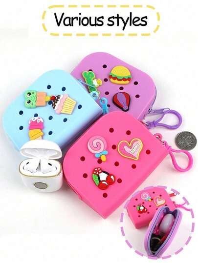 1 件时尚硅胶迷你零钱包，卡通硅胶包孔包 DIY 可拆卸可爱储物袋镂空设计，轻巧拉链零钱袋，耐用，无衬里，擦拭干净，珠宝收纳配件，适用于鞋子、珠宝、手表、硬币，适合返校、日常通勤，是挑选礼物的理想选择