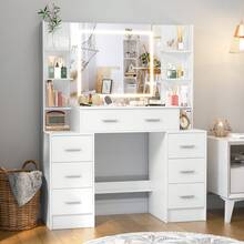 Gran tocador blanco con espejo maquillaje iluminado LED 7 cajones mueble dormitorio elegante funcional moderno almacenamiento orden cuidado personal baño hogar - Blanco - Ver 2