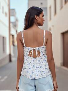 Women's Maternity Camisoles Spaghetti Straps Floral Pattern Ruffled V Neck Crop Tank Tops For Summer - Blue - View 4