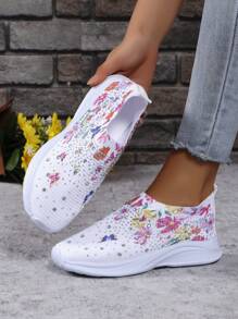 Women's Butterfly & Flower Print Rhinestone Decor Bright Color Fabric Round Toe Slip-On Casual Sneakers, High-Quality EVA Ultra-Light Sole Shoes Weighing Only 260g-360g, Made With Premium Sole And Fabric, Women's Solid Color Classic Casual Sneakers - White - View 4