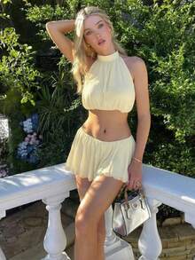 Rüschenset 2-teilig Damen Halter Rückenfrei Elegante Tanktops + Taillierte Röcke Einfarbig Sexy Sommer Strandparty Passende Anzüge - Gelb - Übersicht 2