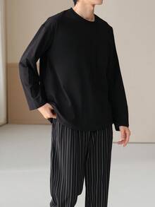 AICJ 2pcs Men's Casual Loose Sleepwear Set, Suitable For Party, Home, Travel, Young, Homewear, Round Neck Long Sleeve Top With Pocket, Side Stripe Pants, Knit Fabric, Spring/Autumn/Winter, Fall Clothes