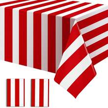 2 件红白条纹塑料桌布，嘉年华马戏团条纹防水矩形桌布，适用于节日派对、野餐装饰，54 英寸 X 107 英寸 - 紅白條紋 - 查看 10