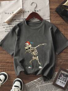 青少年男孩骷髅图案印花短袖 T 恤，设计独特的优质青少年服装