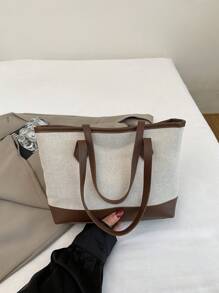 1 件棕色针织面料顺滑拉链时尚休闲拼布 2025 春夏新款小众大容量单肩托特包，适合女性日常使用 - 棕色 - 查看 6