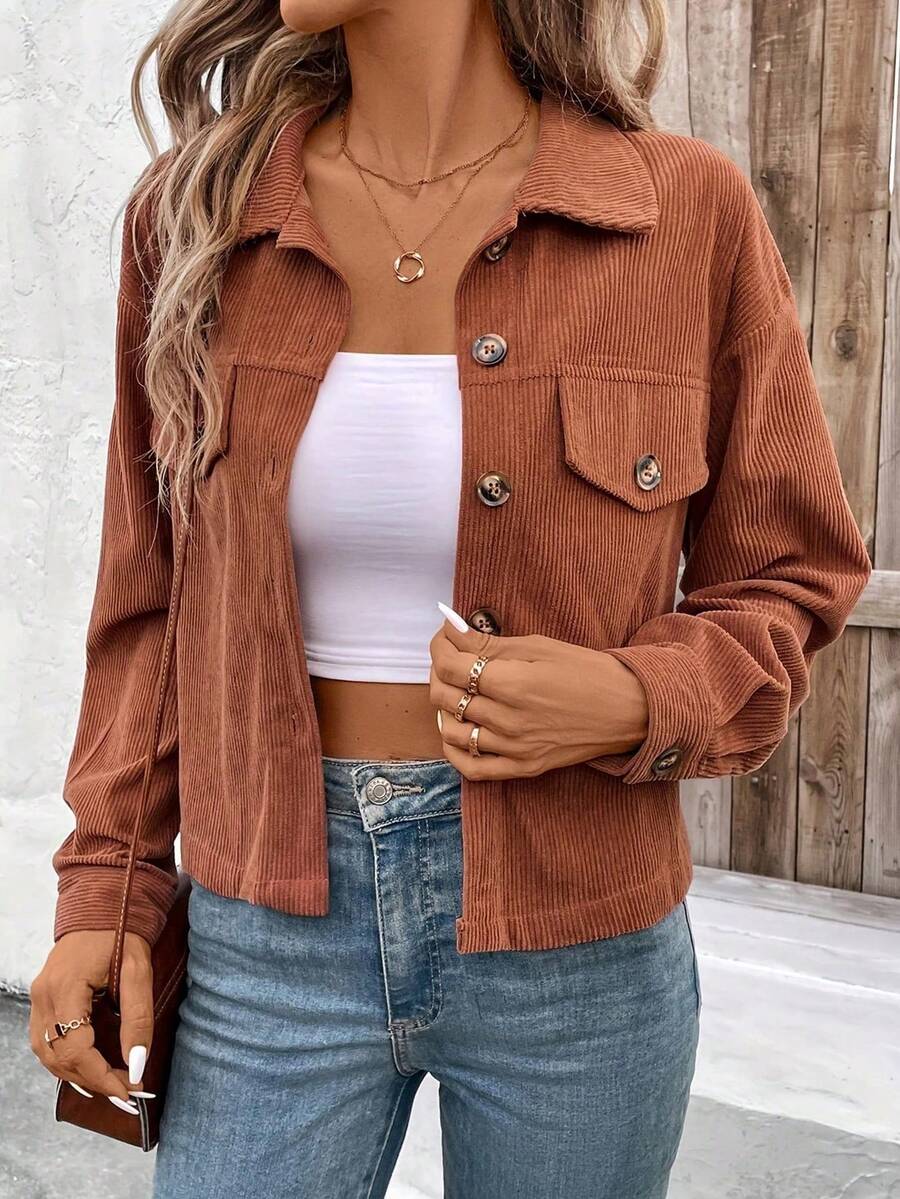 2025 Autumn/Winter Korean-Style Warm And Fashionable Coat, Corduroy Coat That Is Versatile And Suitable For Daily Wear, Elegant Appearance - 咖色 - 查看 1