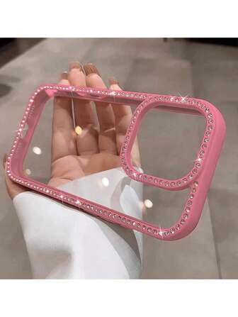 1pc Rose Pink Luxury Sparkling Diamond Transparent Phone Case Suitable For I Phone 16e/17Pro Max/15 Pro Max/14 Plus/13 Pro Shockproof Protection Hard Acrylic Material With Anti-Collision Border