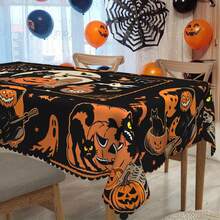 1 Stück Halloween Thema Tischdecke, Katze Mond Geist Fledermaus Orange Schwarz Muster Tischdecke, Halloween Party Dekoration, Herbst Thema Party, Feiertags Heim Dekoration, geeignet für Innen & Außen, Rund/Rechteckig/Tischdecke - Verschiedenfarbig - Übersicht 5