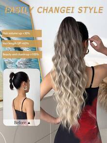 爪形马尾辫接发，渐变色银黑棕 24 英寸长水波纹发丝，耐热纤维合成马尾辫，适合女士和女孩在派对上日常使用 - 漸層棕色 - 查看 4