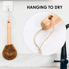 1pc Wooden Dish Brush, Natural Coconut Fiber Scrubber Brush, Long Handle Pot And Pan Cleaner, Tough On Grease And Grime, Comfortable Grip For Easy Use, Ideal For  Kitchen Living, Reduces Plastic Waste In Home (Random Color) - 棕色 - 查看 6